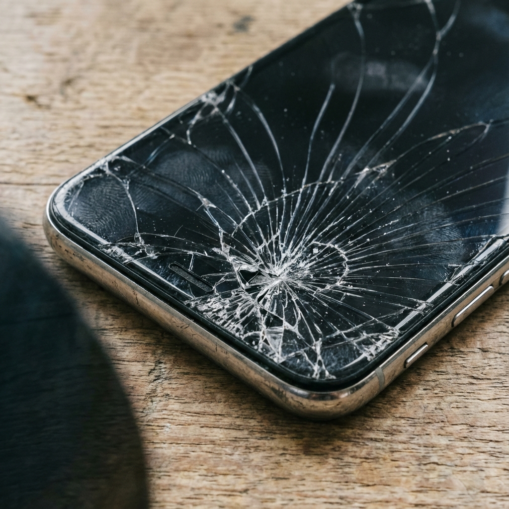 Tela de iPhone quebrada antes da troca de vidro na ClickCell Uberlândia